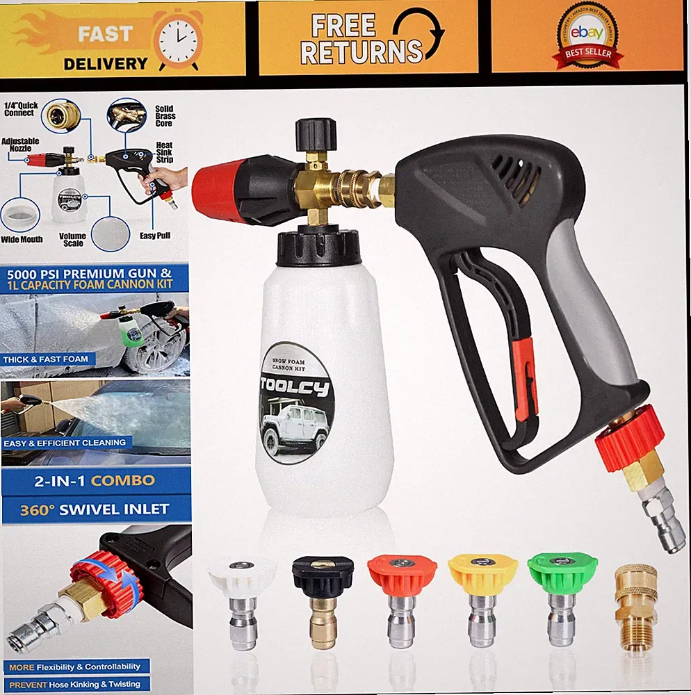 TOOLCY Foam Cannon Kit with Pressure Washer Gun 5000 PSI, 5 Nozzle Tips, 1/4" Qu