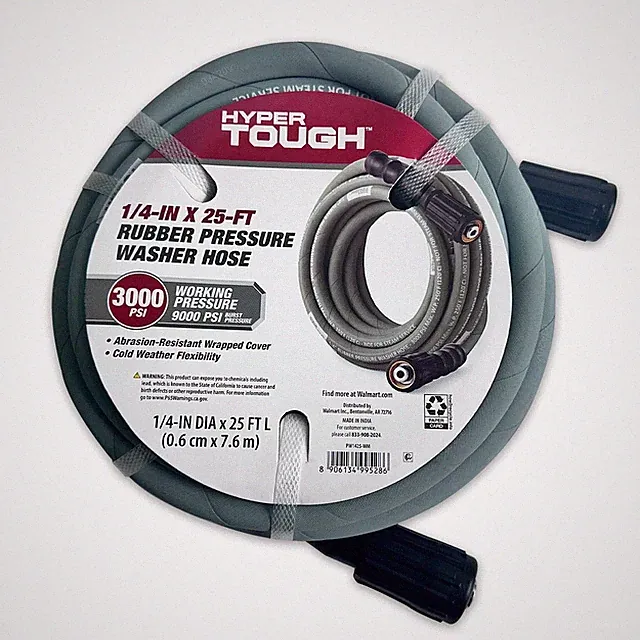Tough Universal 1/4" x 25' Rubber Pressure Washer Hose w/ M22 Fittings, 3000 PSI