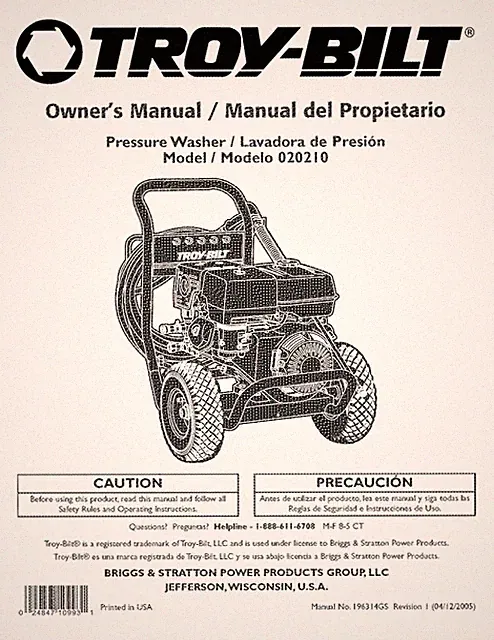 Troy-Bilt Pressure Washer 3700 psi Model # 020210