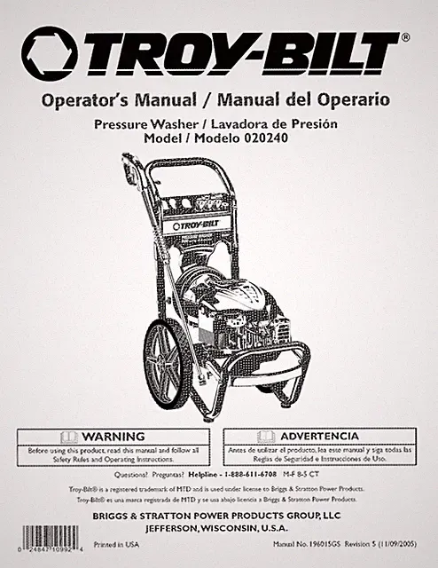 Troy-Bilt Pressure Washer Manual 2550 psi Model # 020240