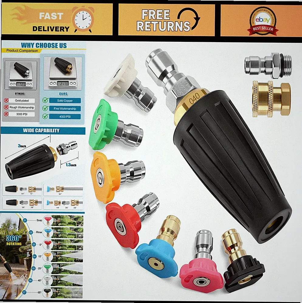Turbo Nozzle Tips for Pressure Washer 4000 PSI, 7 Rotating Tips for Concrete & D