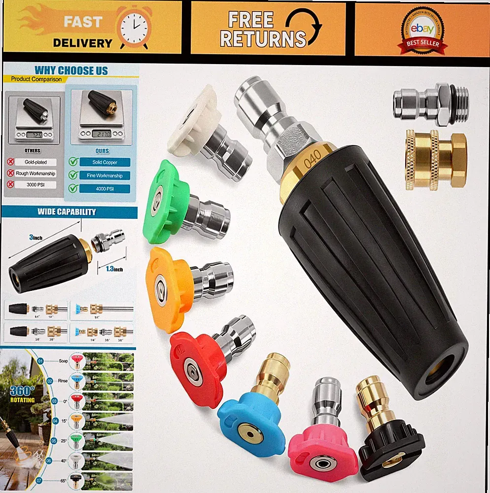 Turbo Pressure Washer Nozzle Tips 4000 PSI - 7 Rotating Tips for Concrete & Driv