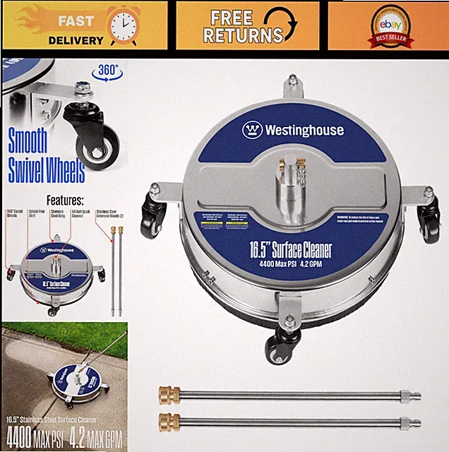 Universal 16.5" Pressure Washer Surface Cleaner - Stainless Steel, 4400 PSI, 1/4