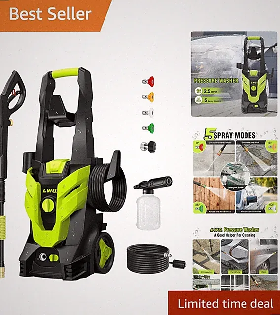 User-Friendly Pressure Washer with 4 Nozzles & Anti-Tipping Design for Home Use