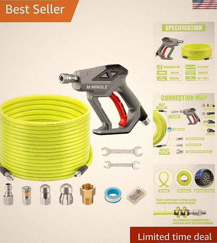 Versatile 100FT Drain Cleaner Hose with Rotating Nozzles & Pressure Washer Gun