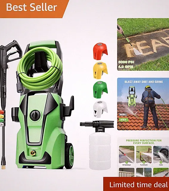 Versatile 5000PSI Pressure Washer - 4 Nozzles & 33FT Flexible Hose Included