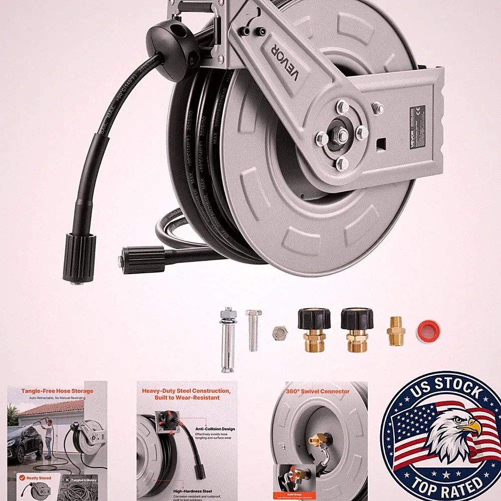 Versatile 65 Ft Pressure Washer Hose Reel, Automatic Rewind, Steel Construction