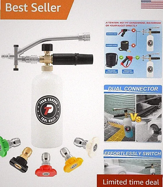 Versatile Foam Cannon for Pressure Washers, Includes 5 Nozzle Tips - 1 Liter