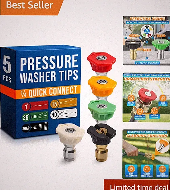 Versatile Pressure Washer Nozzle Set - 5 Tips for Soap, Foam & Targeted Cleaning