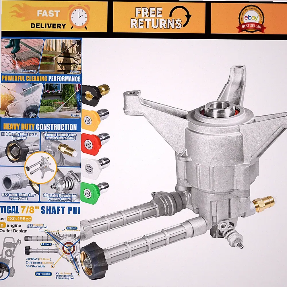 Vertical Pressure Washer Pump 7/8" Shaft, Front Inlet/Outlet, High Efficiency