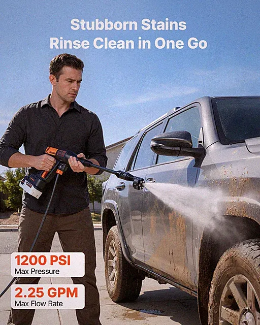 VEVOR Cordless Pressure Washer, 1200PSI MAX Portable Pressure Washer with Brushl