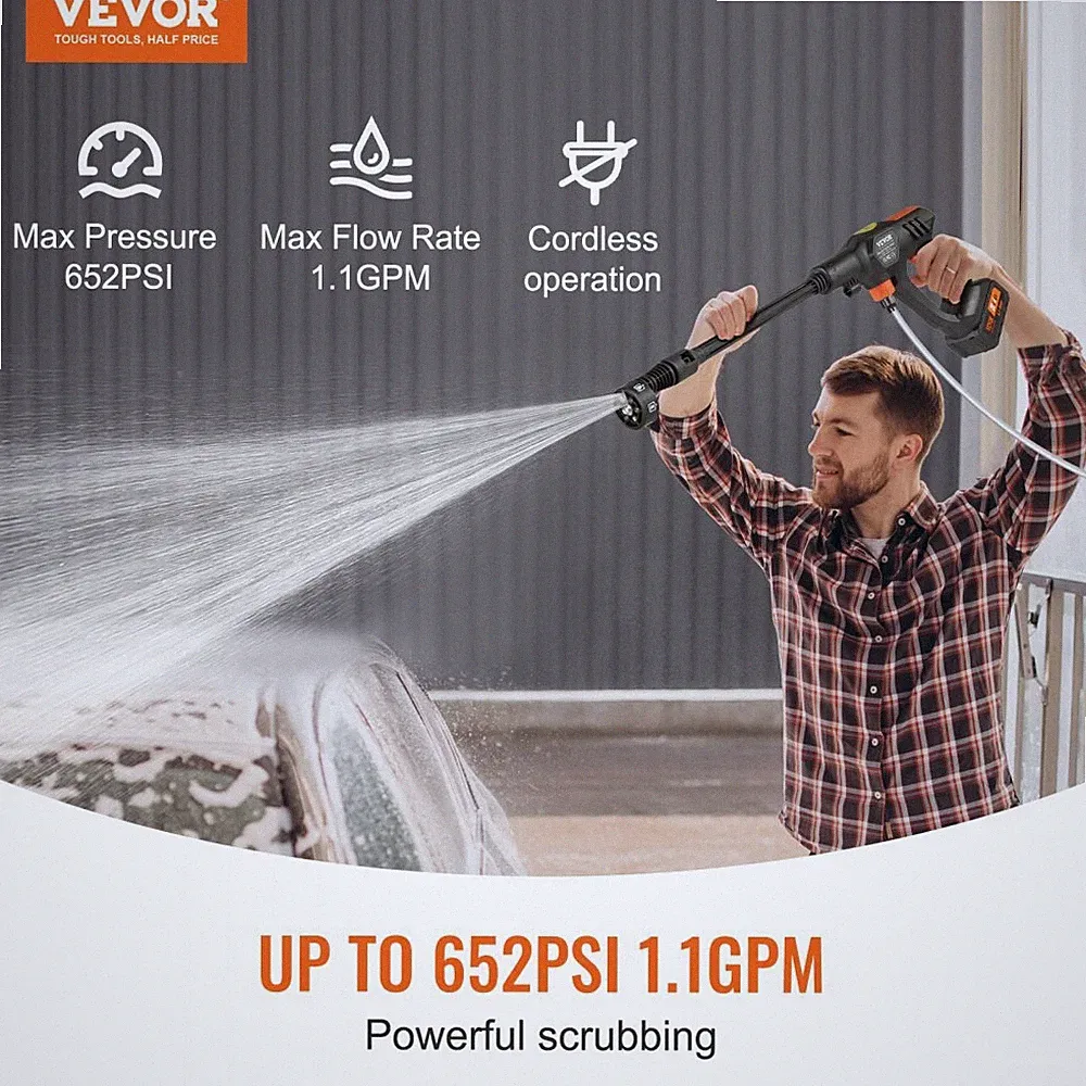 VEVOR CORDLESS PRESSURE WASHER, 652-PSI 1.1 GPM PORTABLE POWER - BLACK/ORANGE