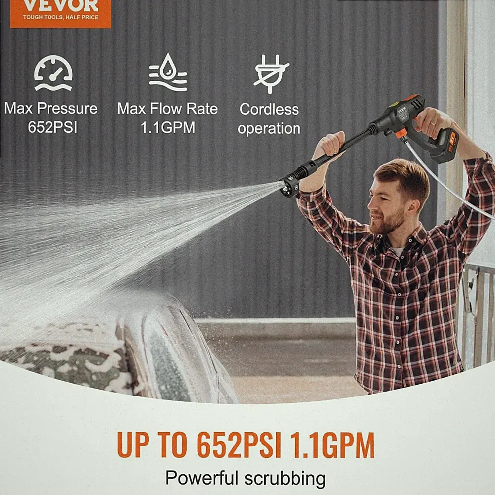 VEVOR CORDLESS PRESSURE WASHER, 652-PSI 1.1 GPM PORTABLE POWER - BLACK/ORANGE