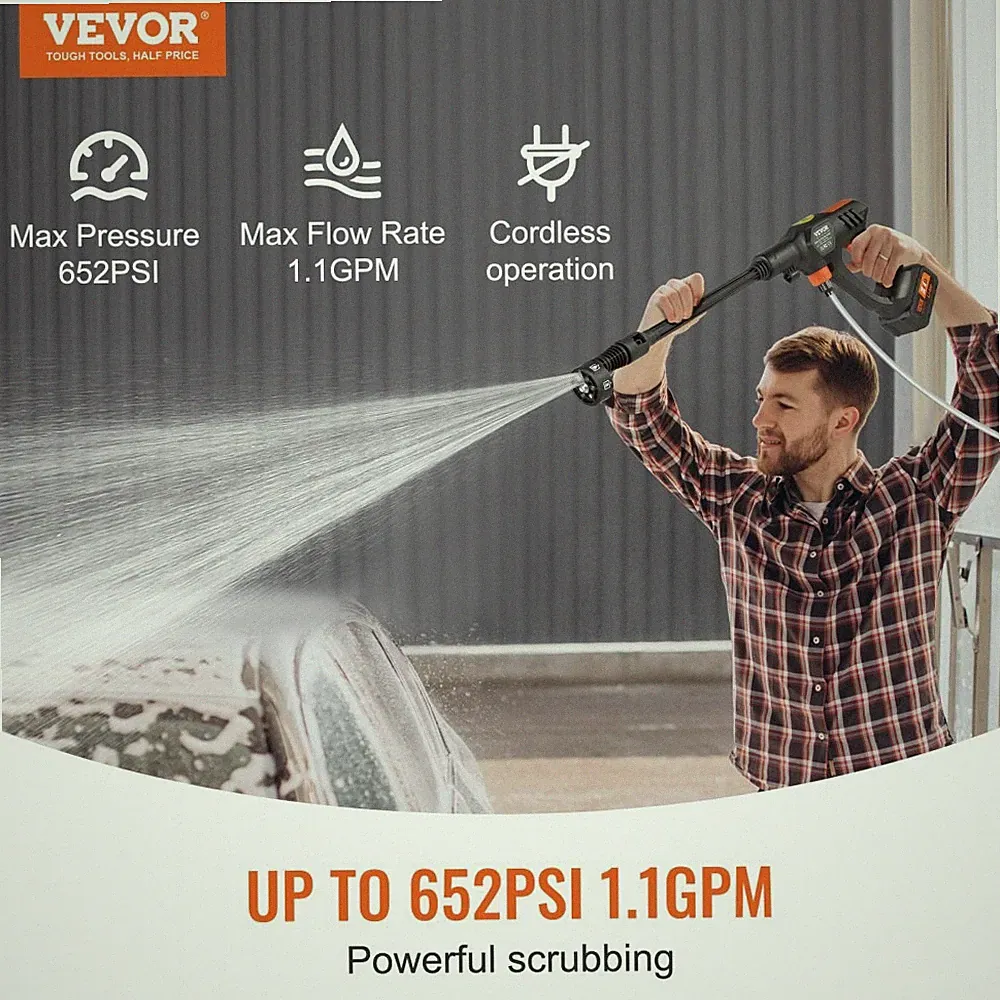 VEVOR CORDLESS PRESSURE WASHER, 652-PSI 1.1 GPM PORTABLE POWER - BLACK/ORANGE