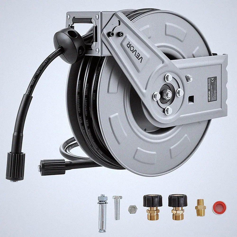 VEVOR Pressure Washer Hose Reel 65ft x 1/4in Retractable 3200PSI Auto-Rewinding