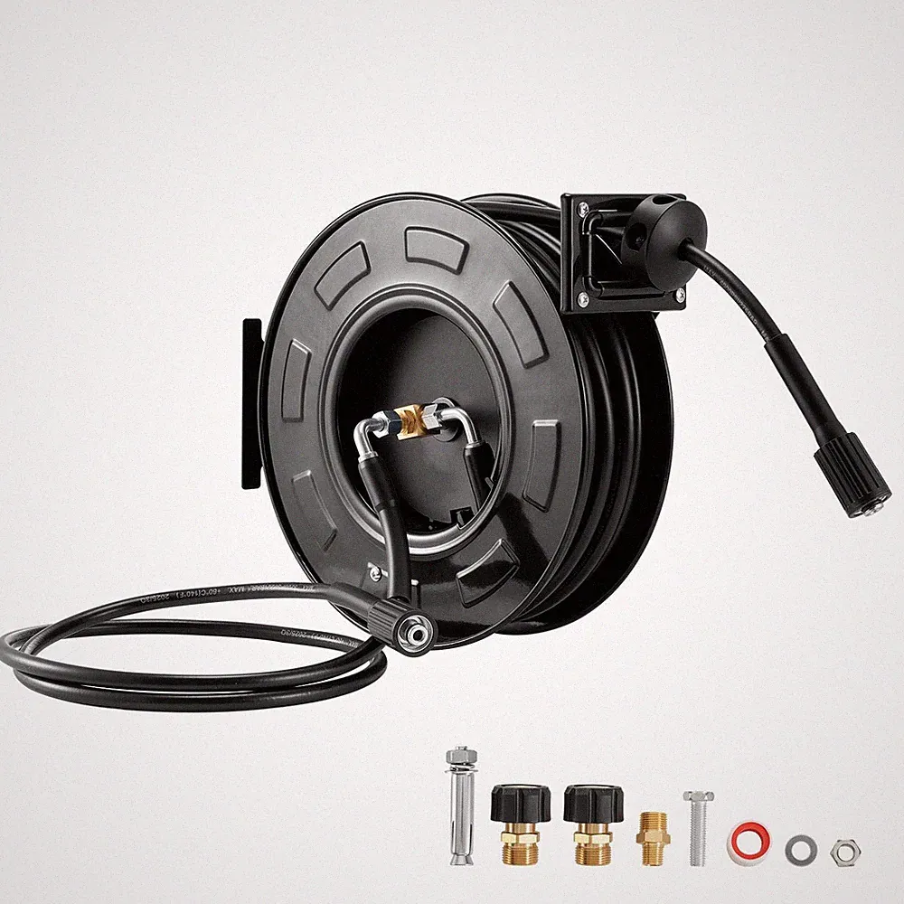 Wall Mount Pressure Washer Hose Reel 60ft Steel Cable, 4000 PSI Max