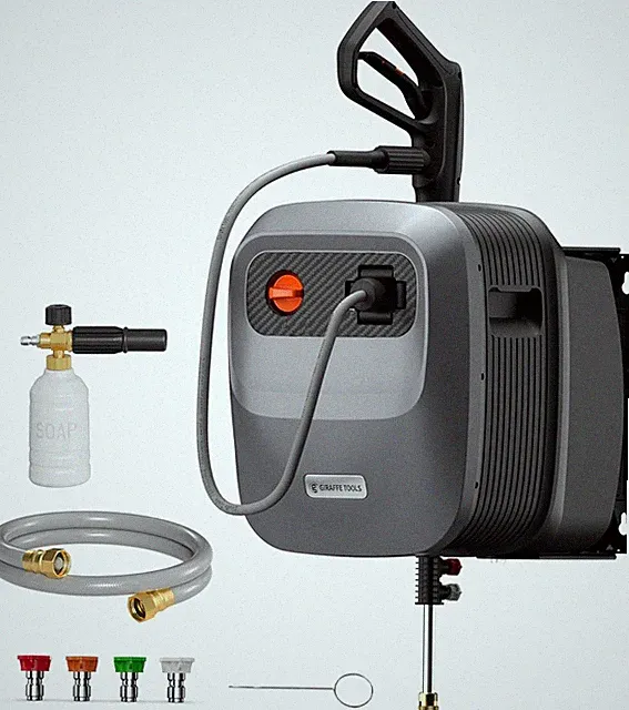Wall Mounted Pressure Washer 2500 PSI Retractable Hose Car Patio Cleaner Silver