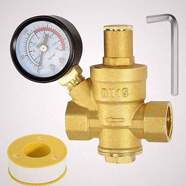 Water Pressure Regulator 1/2 inch with Gauge, Made of 100% High Hardness Bras...