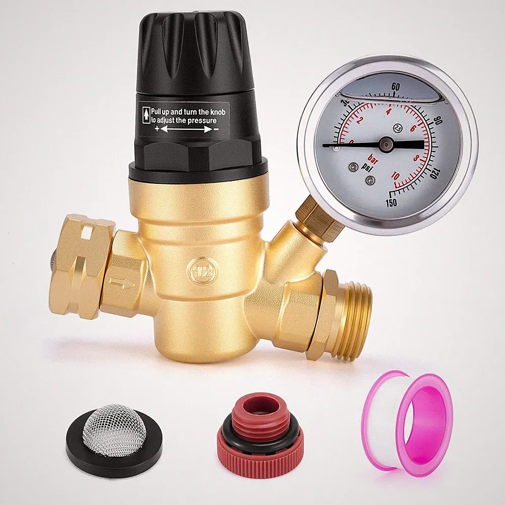 Water Pressure Regulator for RV Camper, Brass Lead-Free Adjustable Water Pres...