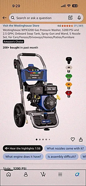 Westinghouse WPX3200 Gas Pressure Washer 3200 PSI 2.1-3 GPM 25ft Hose