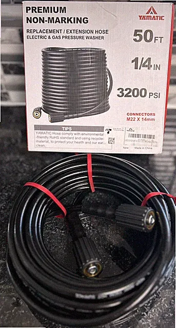 Yamatic 3200 PSI Premium Non Marking Electric And Gas Pressure Washer Hose 25ft