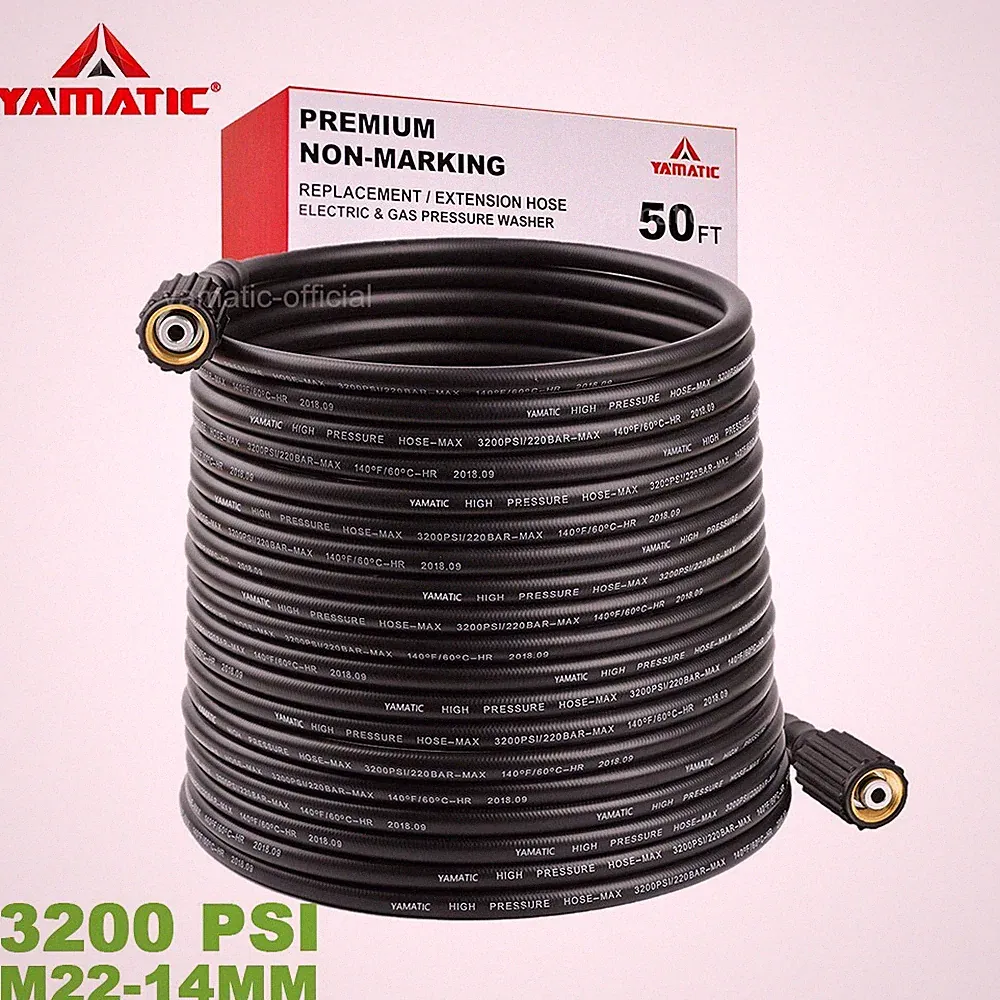 YAMATIC 3200 PSI Pressure Washer Hose 1/4" Kink Free M22 14mm Brass 50 FT