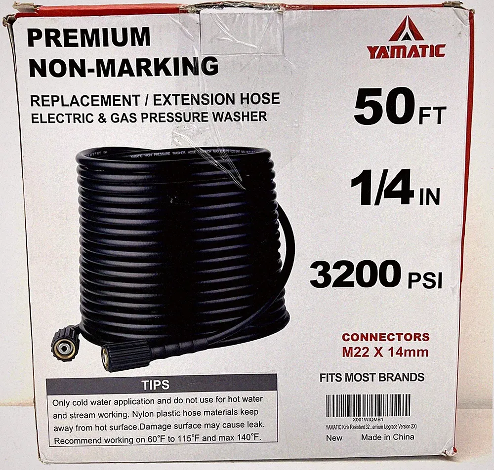 Yamatic 50Ft Pressure Washer Hose 1/4" 3200 PSI M22 x 14mm Open Box New