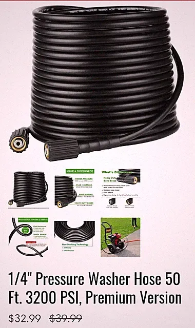 Yamatic Black 3200 PSI Premium Non Marking Electric And Gas Pressure Washer Hose