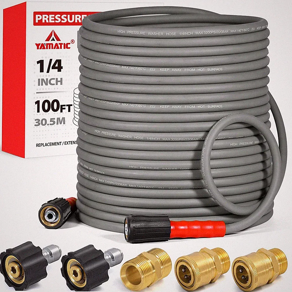 YAMATIC Flexible Pressure Washer Hose 100 FT 1/4", M22-14mm 100FT, Gray