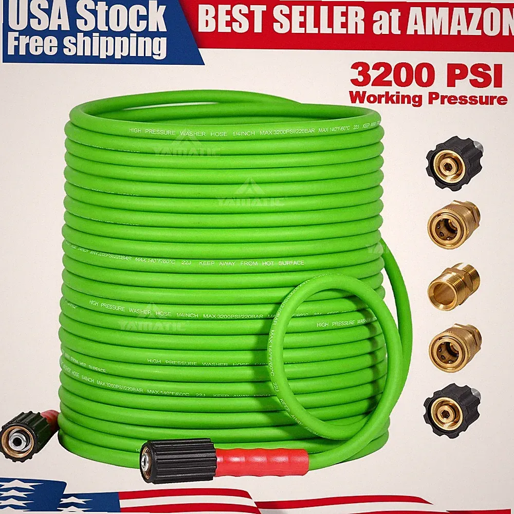 YAMATIC Flexible Pressure Washer Hose 3200 PSI 1/4" Kink Resistant, Fittings