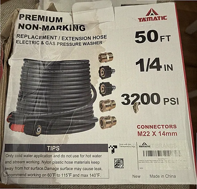 YAMATIC Flexible Pressure Washer Hose 50 FT 1/4", M22-14mm Females
